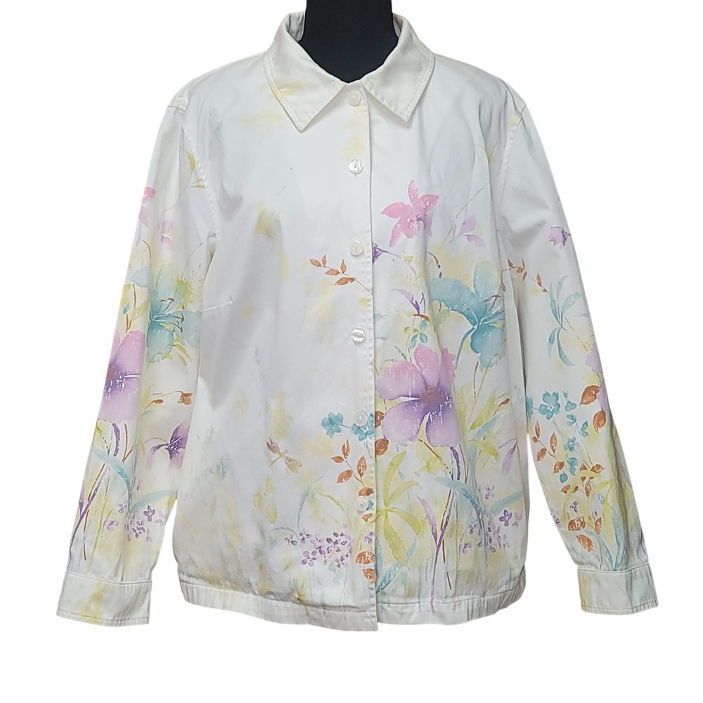 Womens Cotton Artsy Floral Denim Jacket 8W Button Down Long Sleeves Boho Coastal